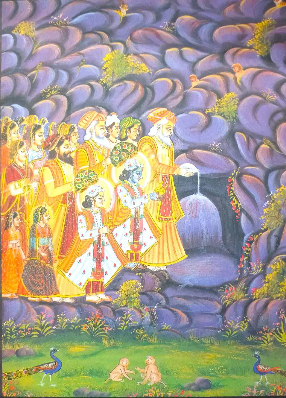 Govardhan puja photo, krishna performing govardhan puja Krishna Lila , Govardhan puja utsav